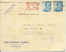 1951 " Carta De Barcelona A Zaragoza " Con Sello Urgente " Pegaso ". Llegada Ver 2 Scan - Correo Urgente