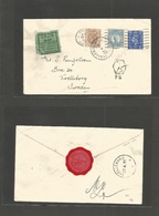 Great Britain - Xx. 1951 (24 Apr) Ipswich - Sweden, Treleburg. Fkd 2 1/2d Env + Taxed + 2x Swedish P. Dues, Tied Cds / F - ...-1840 Prephilately