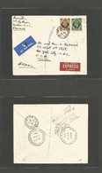 Great Britain - Xx. 1952 (15 Aug) Hatton, London - USA, NYC (17 Aug) Express Airmail Multifkd Env 1sh, 9d Rate + 2 Label - ...-1840 Préphilatélie