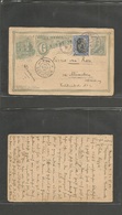 Guatemala. 1908 (23 May) Guatemala - Germany, Munich (14 June) 3c Stat Card + Adtl Violet Cds. Fine Used. - Guatemala