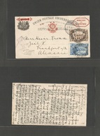 Peru. 1898 (1 Aug) Lima - Germany, Frankfurt (1 Sept) Habilitado 1c Ovptd Stat Card + 2 Adtls Stamps. Fine Used. - Perú