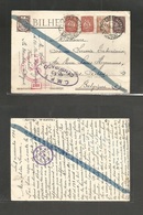 Portugal-Funchal. 1943 (3 Nov) GPO - Belgium $ 50 Brown Stat Card + 3 Adtls Incl Caravela + Luisiadas Cds + Doble Censor - Other & Unclassified