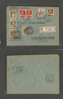 Switzerland - Xx. 1915 (17 May) Davos - Germany, Leipzig (18 May) Registered Multifkd Mixed Issues + Ovptd. Fine Envelop - Andere & Zonder Classificatie