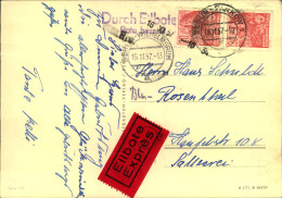 1957, Eilbotenkarte Mit Senkrechtem Paar 5 Jahresplan Ab BELRIN-PANKOW Nach Berlin-Wilhemsruh. - Lettres & Documents