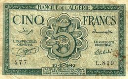 ALGERIA FRANCAISE 5 FRANCS  GREEN  MOTIF FRONT & WOMAN BACK DATED 16-11-1942 F+ P91 READ DESCRIPTION!! - Algerije