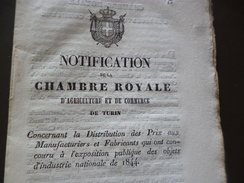 Savoie Haute Savoie Notification Chambre Royale Agriculture Commerce Turin Prix Exposition 1844 23/01/1845 - Decretos & Leyes