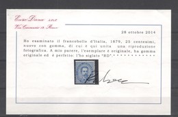 REGNO 1879 UMBERTO I 25 CENT. NUOVO GOMMA ORIGINALE CERT. DIENA F.TO ALBERTO DIENA, RAYBAUDI - Mint/hinged