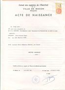 71 Macon - Généalogie - Extrait Acte De Naissance En 1951 - Timbre Fiscal - VPAN 2 - Naissance & Baptême