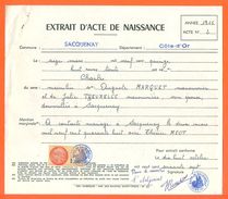 21 Sacquenay - Généalogie - Extrait Acte De Naissance En 1915 - Timbre Fiscal - VPAN 2 - Naissance & Baptême