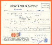 21 Sacquenay - Généalogie - Extrait Acte De Naissance En 1929 - Timbre Fiscal - VPAN 2 - Naissance & Baptême