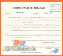 21 Sacquenay - Généalogie - Extrait Acte De Naissance En 1910 - Timbre Fiscal - VPAN 2 - Naissance & Baptême