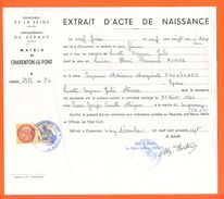 94 Charenton Le Pont - Généalogie - Extrait Acte De Naissance En 1926 - Timbre Fiscal - VPAN 2 - Naissance & Baptême