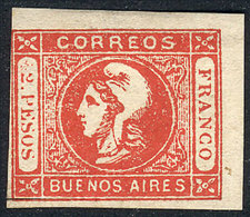 ARGENTINA GJ.18, 2P. Red Semi-blurred Impression, Mint, 3 Wide Margins, Little D - Buenos Aires (1858-1864)