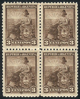 ARGENTINA GJ.220, 3c. Liberty, PROOF In Dark Chestnut, Block Of 4 On Original Pa - Other & Unclassified