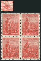 ARGENTINA GJ.342, 1912 5c. Plowman, Block Of 4, One With LARGE RETOUCH In The Ba - Other & Unclassified