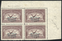 ARGENTINA "GJ.667, 90c. Zeppelin With Green Overprint, Corner Block Of 4 With VA - Luchtpost