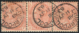 GREAT BRITAIN Sc.87, 1880/1 1sh. Salmon Plate 13, Strip Of 3 Stamps Used In Live - Autres & Non Classés