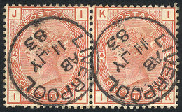 GREAT BRITAIN Sc.87, 1880/1 1sh. Salmon Plate 14, Beautiful Pair Used In Liverpo - Other & Unclassified