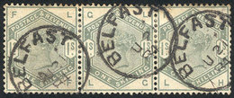 GREAT BRITAIN Sc.107, 1883 1sh. Green, Strip Of 3 Used In Belfast, VF Quality! - Otros & Sin Clasificación