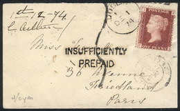 GREAT BRITAIN "1/DE/1874 DUBLIN - Paris: Cover Franked By SG.43 (1p. Rose-red, P - Oficiales