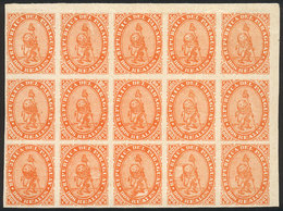 PARAGUAY Sc.2, 1870 Lion 2R., PROOF In Orange, Block Of 15 Stamps Printed On Thi - Paraguay