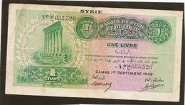 Syrie Billet De Une Livre De 1939 -type Bradbury Sans Surcharge De COuleur Ref 742a Kolsky - Siria