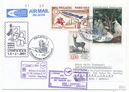 Enveloppe Cachet Temp 67 Strasbourg Marseillaise - 1er Vol Lufthansa BONN => FRANCFORT => HONG KONG - 9/01/2001 - Eerste Vluchten