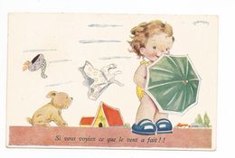 Carte Illustrateur Fillette Avec Parapluie Chien Maison Vent - Janser