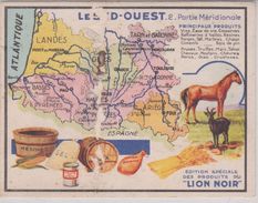 Chromo  10x13 . Pub LION NOIR Carte Géo LE SUD OUEST (Résines, Chevaux, Sel, Fruits Au Sirop, Jambon) - Geografía