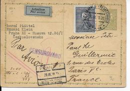 1938 - TCHECOSLOVAQUIE - CARTE ENTIER Avec CENSURE + CACHET TELEGRAPHE De PRAGUE (PNEUMATIQUE) => PARIS - Covers & Documents