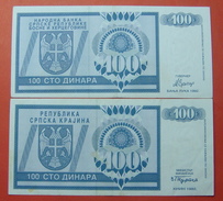 REPUBLIKA SRPSKA 2 X 100 DINARA 1992, HIGH QUALITY, DIFFERENT CITIES: KNIN AND BANJA LUKA - Bosnië En Herzegovina