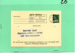0.80 VERT BEQUET THEME DERNIER JOUR FLAMME  RIEDISHEIM - Cartes Postales Repiquages (avant 1995)