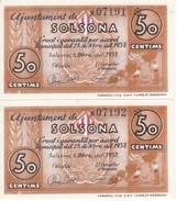 PAREJA CORRELATIVA DE 50 CENTIMOS DEL AJUNTAMENT DE SOLSONA DEL AÑO 1937 SIN CIRCULAR   (BANKNOTE) - Autres & Non Classés