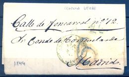 1844 , SORIA , CARTA CIRCULADA A MADRID , BAEZA DE SEGOVIA EN COLOR VERDE - ...-1850 Préphilatélie