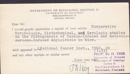 Finland DEPARTMENT OF PATHOLOGY University Of Helsinki HELSINGFORS Card Karte (2 Scans) - Lettres & Documents