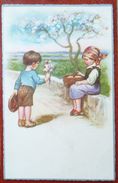 Cp Litho Illustrateur GMA G.M.A. 1716 COLOMBO Enfant Garcon Offrant Fleurs A Fille Assise Sur Mur - Fialkowska, Wally