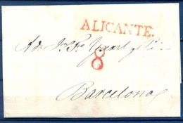 1829 , ALICANTE , CARTA CIRCULADA ENTRE ALICANTE Y BARCELONA , MARCA PREF. Nº 10 EN ROJO , PORTEO - ...-1850 Voorfilatelie