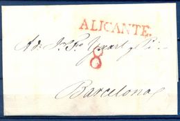 1829 , ALICANTE , CARTA CIRCULADA ENTRE ALICANTE Y BARCELONA , MARCA PREF. Nº 10 EN ROJO , PORTEO - ...-1850 Prefilatelia