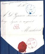 1838 , CÁDIZ , MARCA PREF. Nº 25 , ENVUELTA CIRC. A MADRID.  LLEGADA Nº 97 EN ROJO. ANOTADO EL IMPORTE EN CUENTA - ...-1850 Prefilatelia