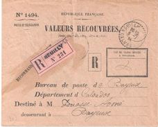 4113 NEUILLY LA FORET Calvados Enveloppe 1494 Valeurs Recouvrées Recommandée Non Taxée Dest Bayeux Ob 1914 Lautier B4 - Covers & Documents