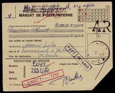 MANDAT DE POSTE ZAIRE - GRIFFE ROUGE " KINDU 1 7250 "  - PAYE - AR - KIBOMBO - A VOIR !! 2 Scans - Altri & Non Classificati