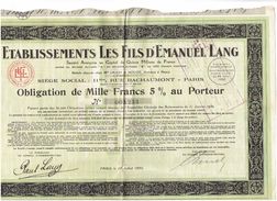 OBLIGATION De Mille Francs - Etablissements LES FILS D'EMANUEL LANG Paris - 1930 - Coupons - Textiel