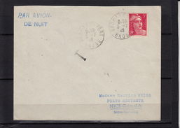 PAR AVION DE NUIT TAXE BRON AEROPORT Le 3 7 46 RHONE Poste Restante Pour NICE GANDON 3f Rose Sur Lettre - 1960-.... Briefe & Dokumente