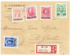 1913 R- Brief Russische Post In Constantinople 5 Farben Frankatur Nach St. Gallen - Franking Machines (EMA)