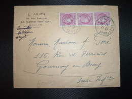 LETTRE TP CERES DE MAZELIN 1F50 Bande De 3 OBL.17-2-47 FRANCONVILLE SEINE ET OISE (95) L. JULIEN LE PLESSIS BOUCHARD - 1945-47 Cérès De Mazelin