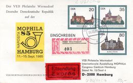 DDR Privatganzs.-Umschlag  PU U02/002-b "Burgen Und Schlösser M.ZD Zur Naposta MOPHILA'85" HAMBURG TSt 6.9.85 - Privatumschläge - Gebraucht