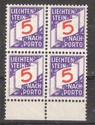 LIECHTENSTEIN  1928, Nach Porto / Taxe / Postage Due, BLOC De 4 , 5 R , Yvert N° 13, Neuf ** / MNH, LUXE !! - Segnatasse