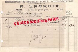 79- NIORT- RARE FACTURE A. LACROIX- ESSENCE ET HUIE POUR AUTOMOBILE-2 RUE DU PETIT BANC- 1920 - Auto's