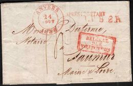 FRANCE ENTREE 1836 Griffe 'BELGIQUE/PAR/VALENCIENNES' Rouge, Lettre D'Anvers à Saumur. - Entry Postmarks