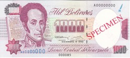 ESPECIMEN -BILLETE DE VENEZUELA DE 1000 BOLIVARES DEL AÑO 1992 SIN CIRCULAR-UNCIRCULATED (SPECIMEN) (BANKNOTE) MUY RARO - Venezuela